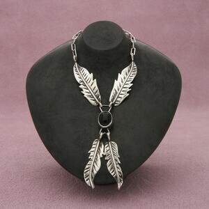 Native American Silver and black  onyx  Feather Necklace